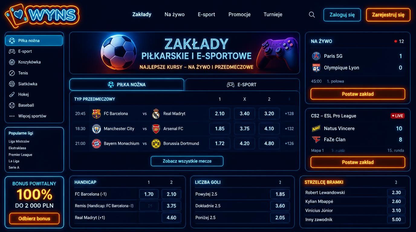 Interfejs zakładów sportowych z wariantami piłkarskimi i e-sportowymi