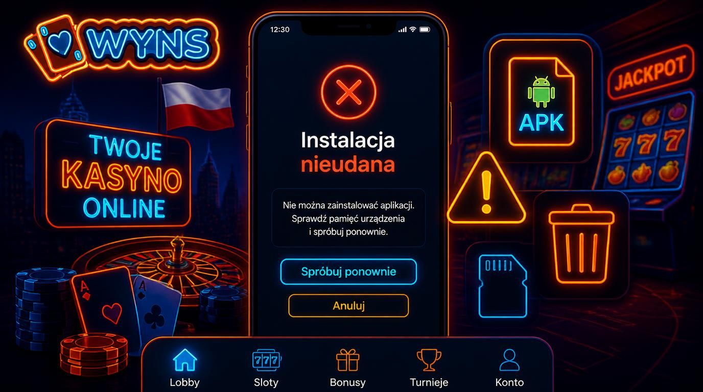 ekran smartfona z błędem instalacji APK, ikona ostrzegawcza i elementy kasyna