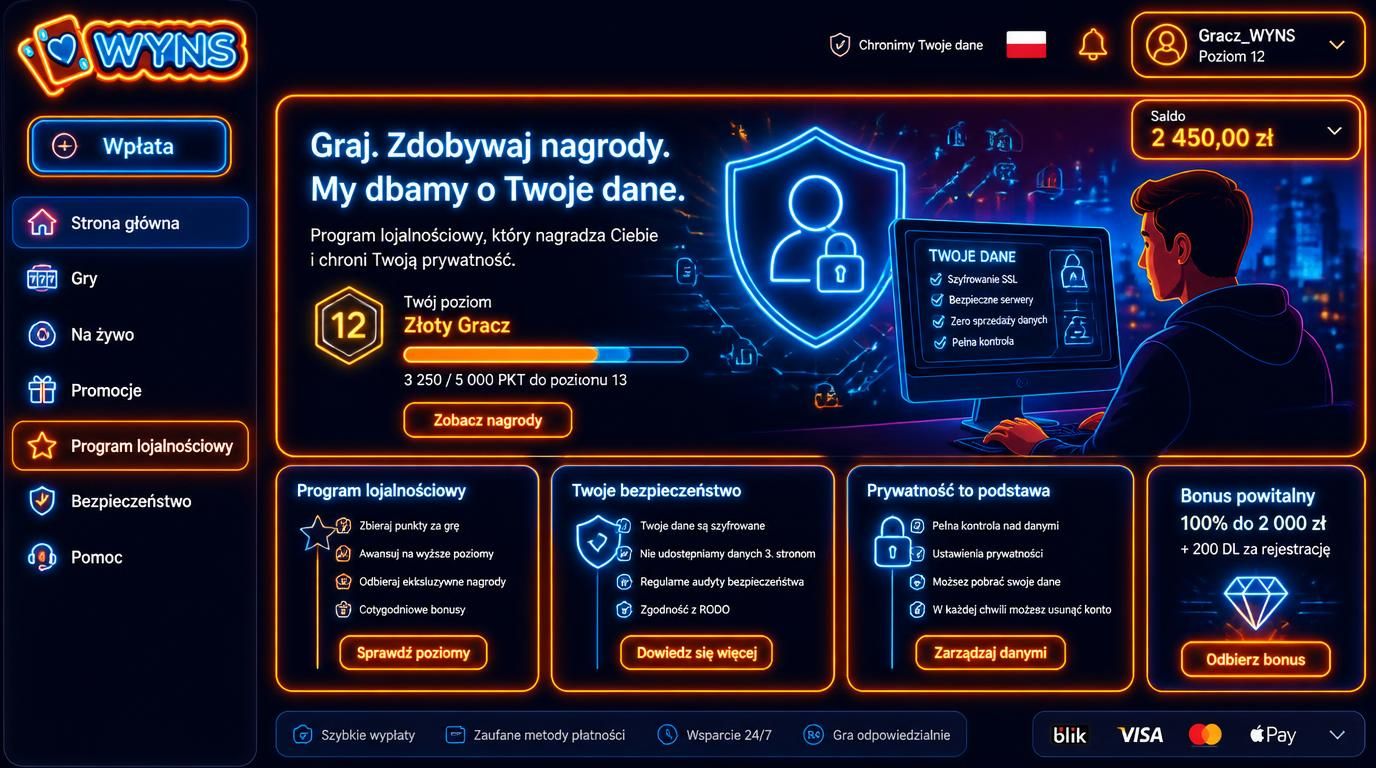  ikona tarczy z kłódką obok loga kasyna, polska flaga subtelnie w tle, użytkownik z komputerem pracujący przy kasynie 
