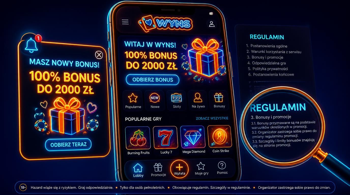  smartfon z aplikacją kasyna, tekst „Bonus” i lupa nad regulaminem, drobny druk podświetlony 